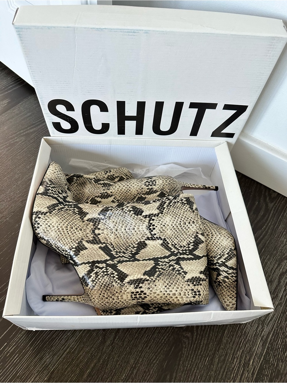 SCHUTZ Snake-Print Knee High Stilettos in Beige and Black - Picture 8 of 8
